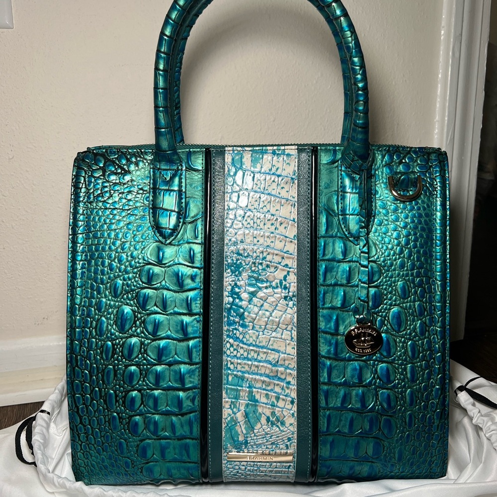 Brahmin Satchel Handbag – Stunning Teal and White Croc-Embossed Leather